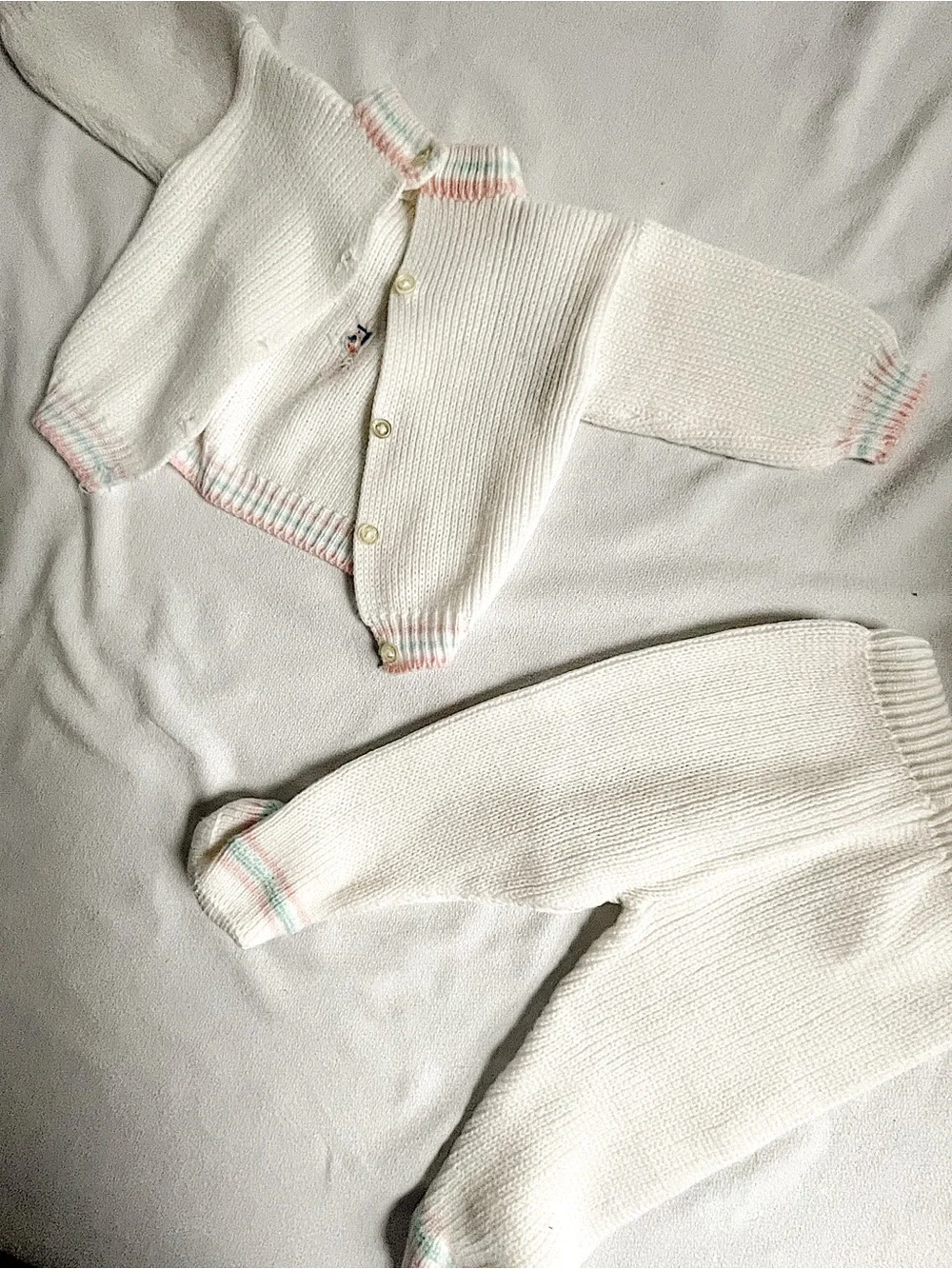 VINTAGE 80s Outfit Set Sweater Shirt Pants Footies Long Knit Bunny Pink Blue